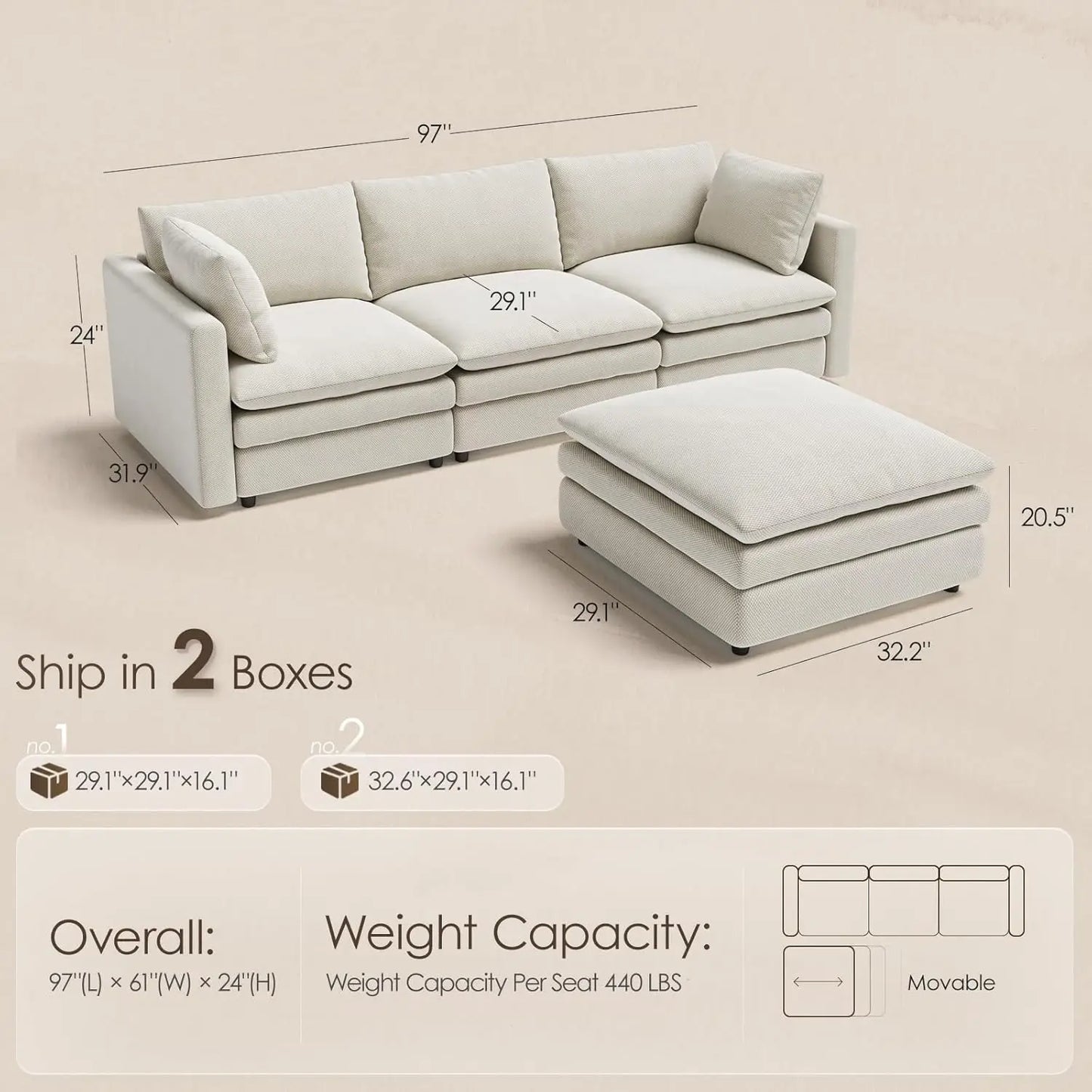 97" Modular L-Shaped Cloud Sofa, 29.1" Deep Seat & Movable Ottoman for Living Room, Custom