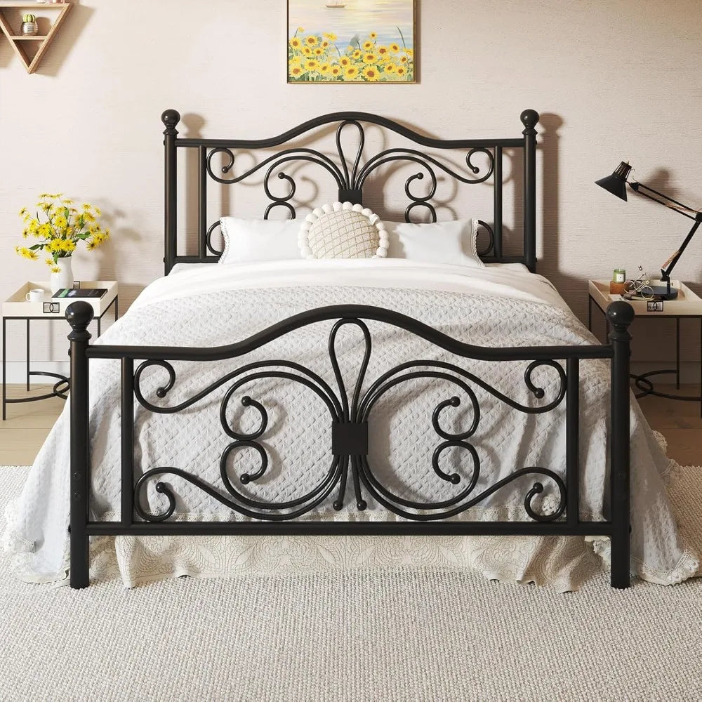 Queen size frame/metal platform bed with butterfly pattern design headboard and footboard