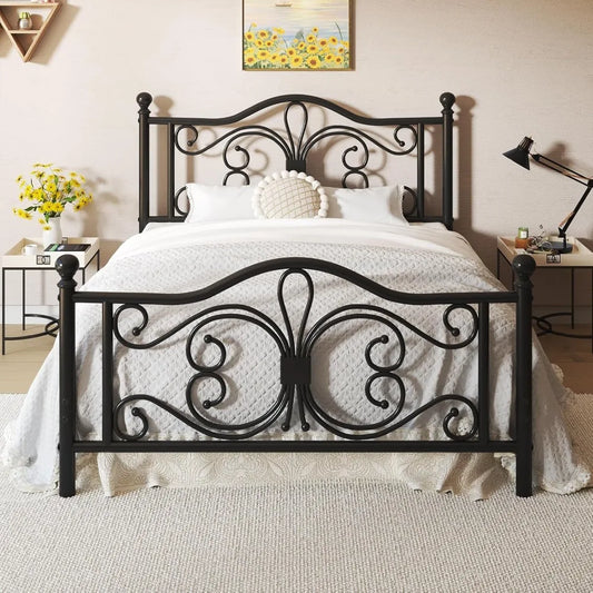 Queen size frame/metal platform bed with butterfly pattern design headboard and footboard