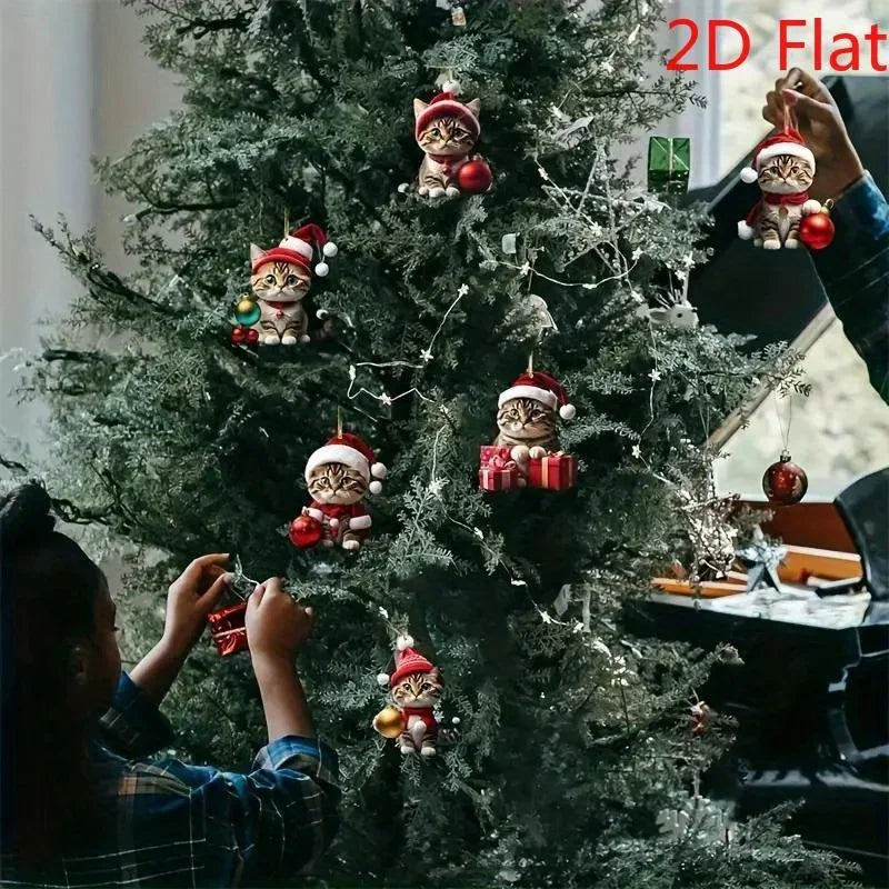 2D  6Pcs Cat Christmas Ornaments - Acrylic Festive Kitty Decor with Santa Hats