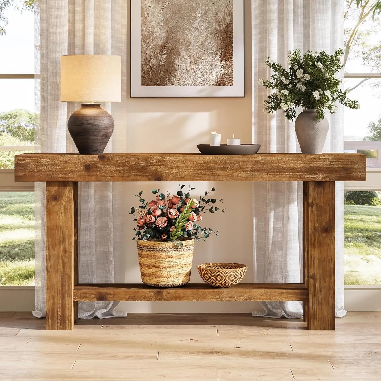 63-Inch Solid Wood Long Console Table, Farmhouse Narrow Entryway Sofa Table with 2-Tier Storage, for Living Room,, Customized