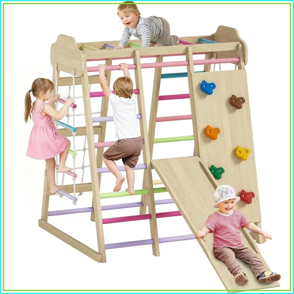 9 in 1 Wooden Indoor Playground: Slide, Swing, Rope Ladder, Climbing Net, Rock Wall, DIY Name Stickers