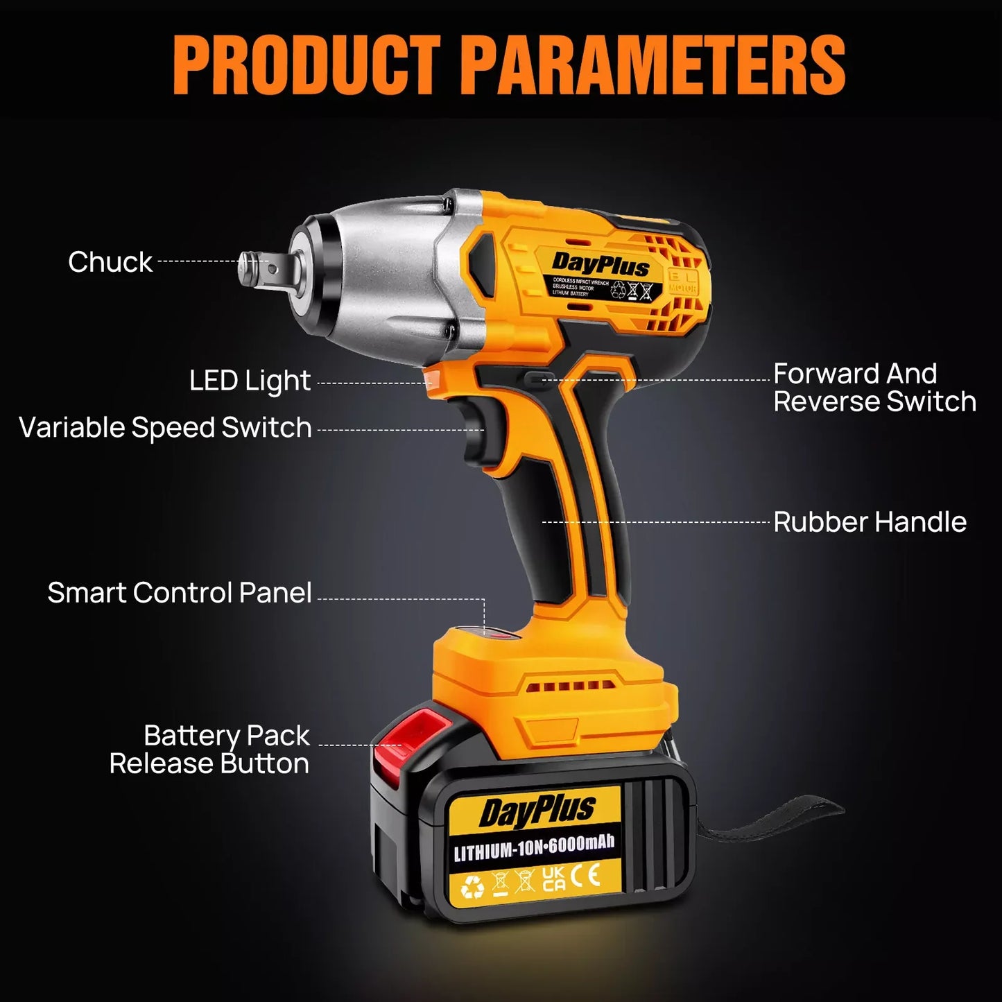 Brushless Electric Impact Wrench ,1/2" 6000mAh Heavy Duty 800N.M Ratchet Nut Gun Cordless For Cay Tyre Wheel Removal