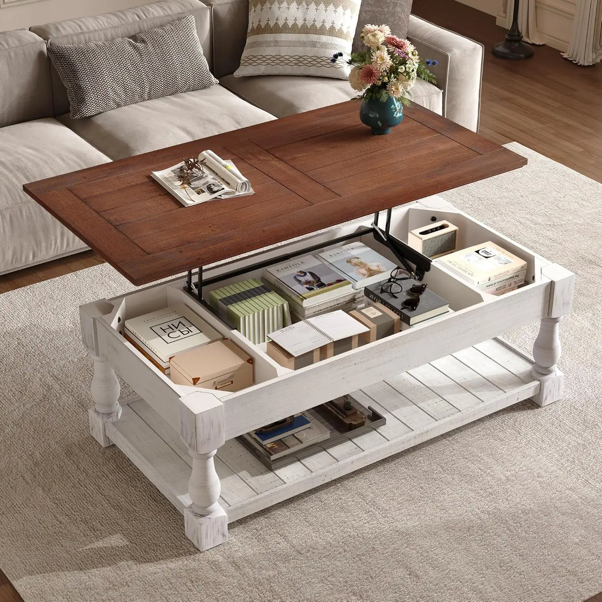 Lift Top Coffee Table With Hidden Storage Open Shelf Walnut Brown