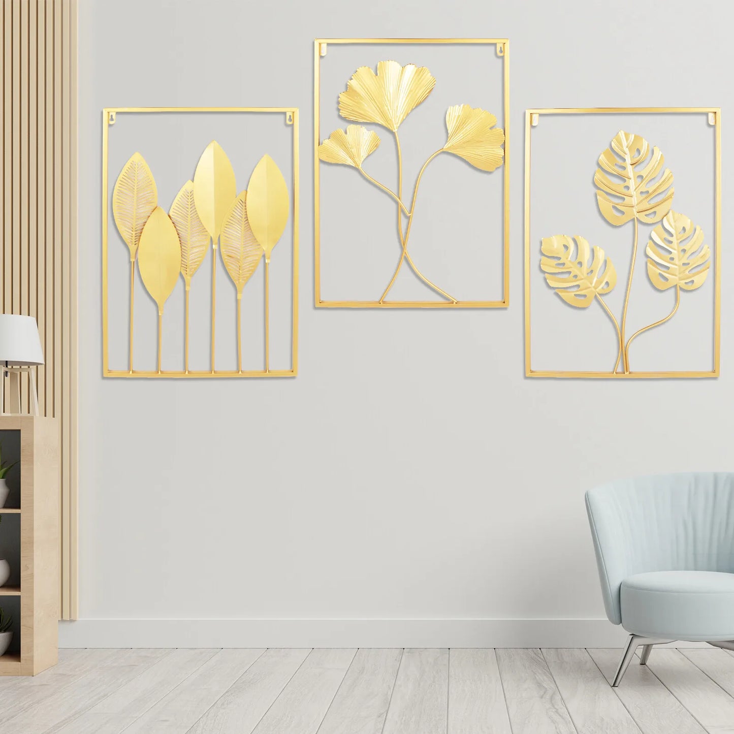 3-Piece Gold Leaf Wall Art Set, 3D Hollow Iron Panel Decor, Modern Abstract Leaf Design for Living Room Bedroom
