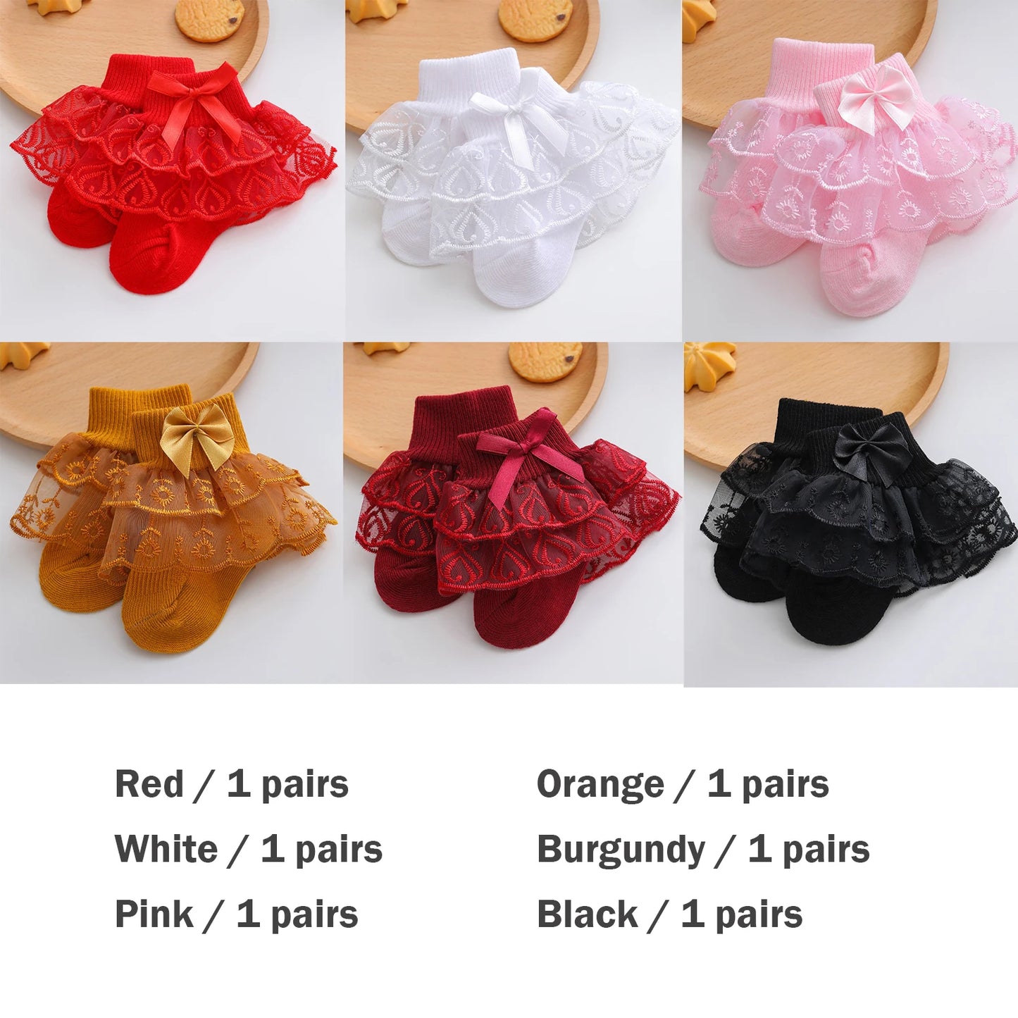 6 pairs of baby girl mid-calf socks with lace ruffle trim, breathable and comfortable lace socks, cute princess socks
