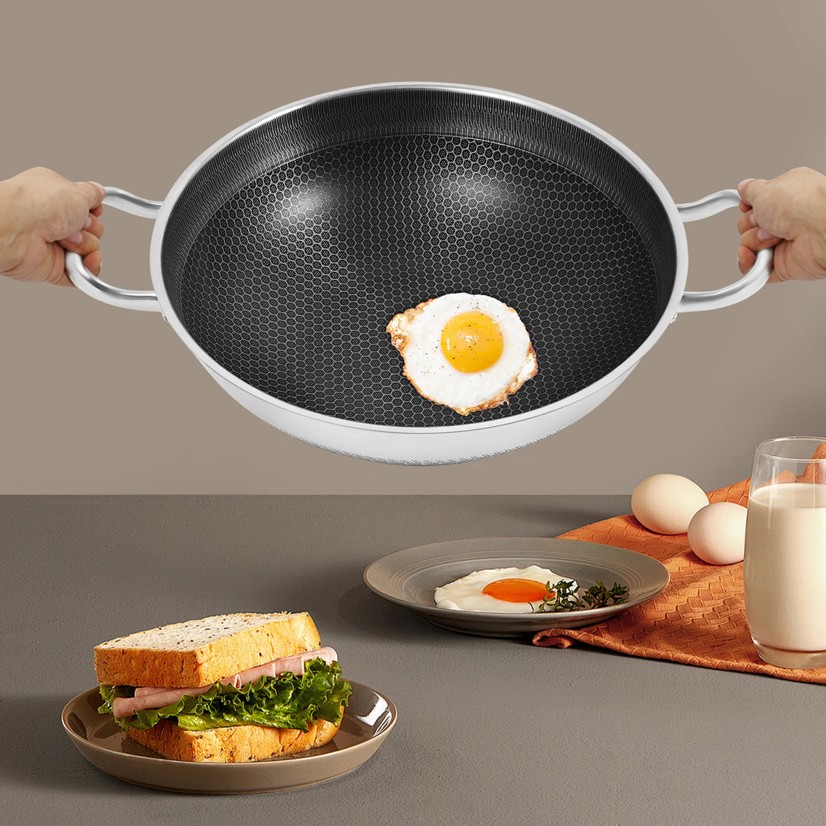 Stainless Steel Nonstick Wok Pan With Tempered Glass Lid For Most Stoves