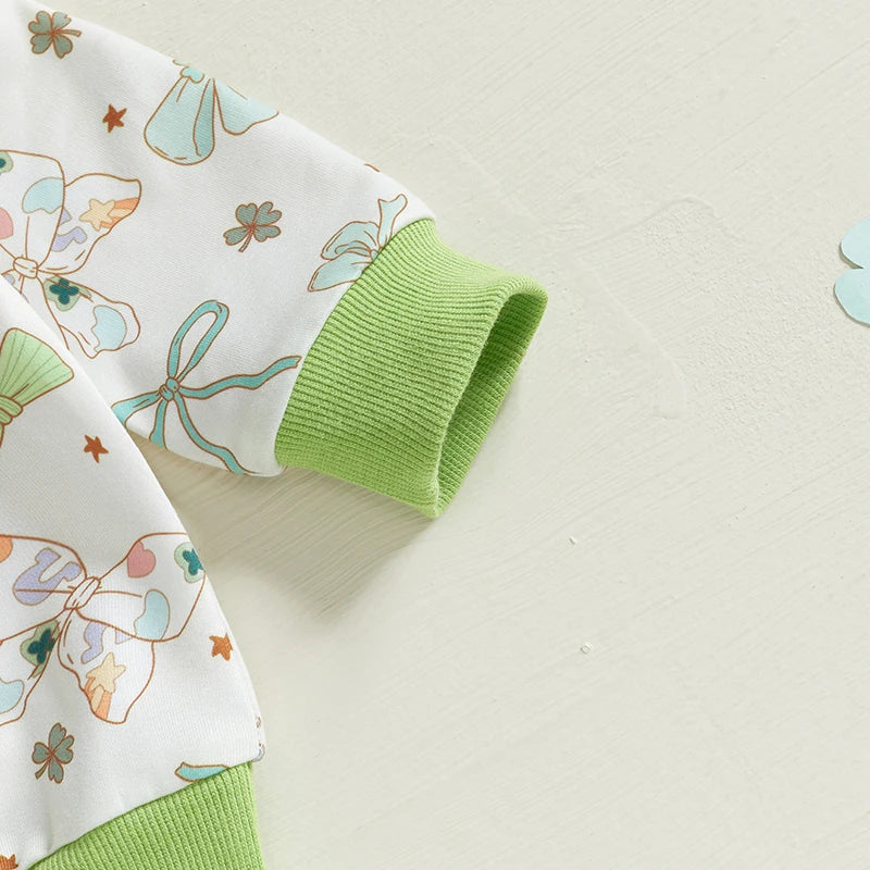 St Patrick's Day Baby Girl Outfits Green Shamrock Print Ruffle Sleeve Top Pants Headband 3Pcs Set