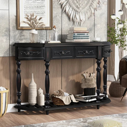 52 Inch Curved Console Table With 4 Drawers and Shelf for Entryway Living Room