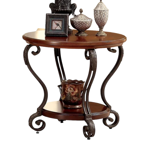 Traditional Brown Cherry End Table with Open Shelf and Ornate Scroll Legs