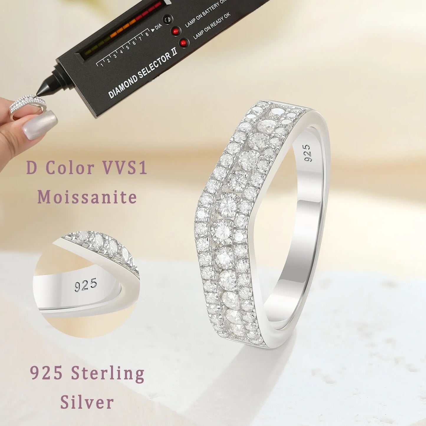 Newshe Moissanite Wedding Ring  for Women Wave Band D Color VVS1 925 Sterling Silver Half Eternity RingsSize 5-10