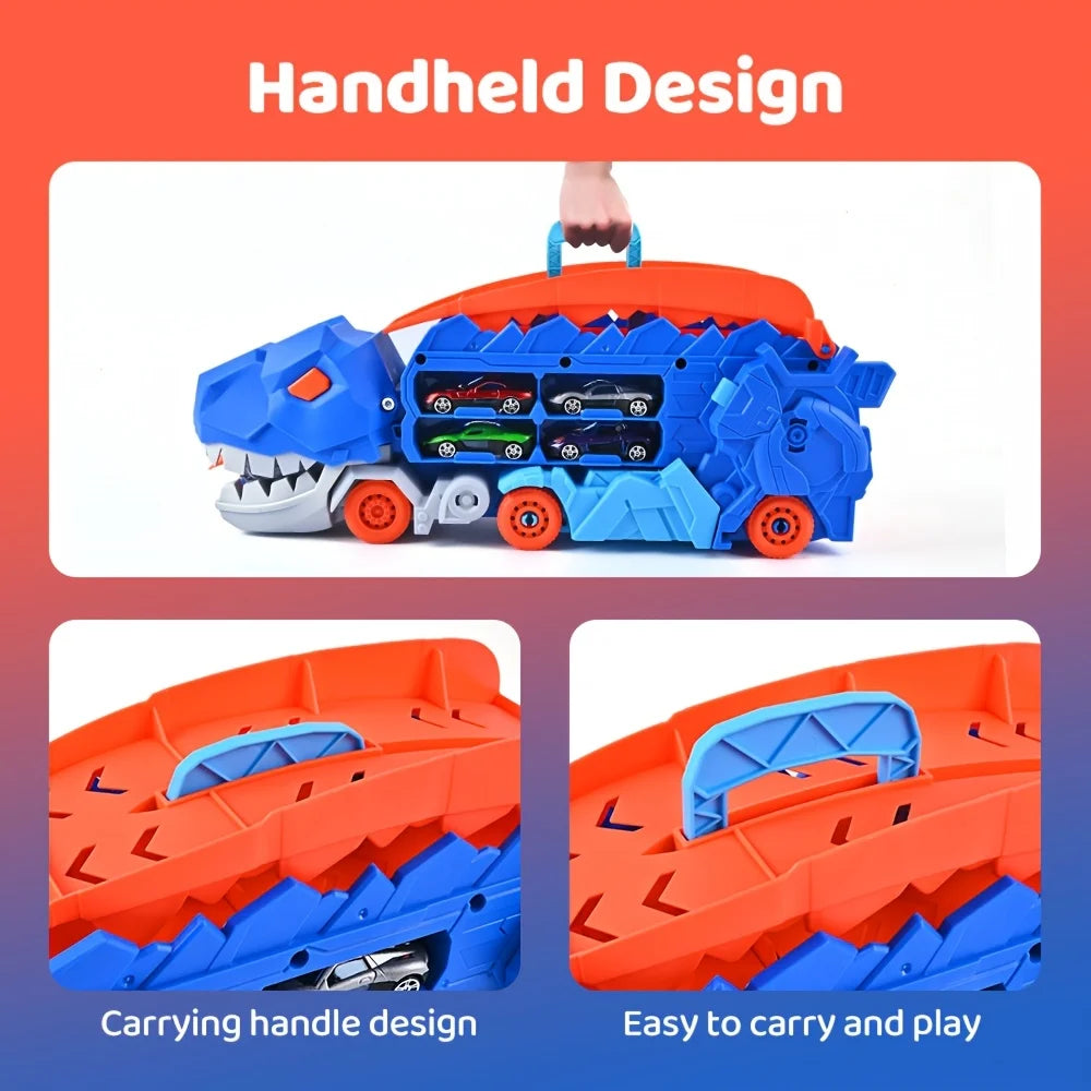 Toddler Truck Toy with Folding Dinosaur Track & 8 Race Cars, Portable Vehicle Play Set, Ideal Gift for Kids Age 3+