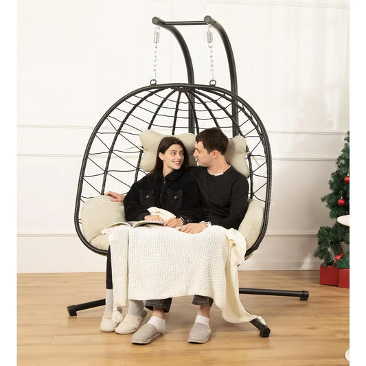 Double Egg Chair wth Stand Hammock Swing Chair Foldable Hanging Loveseat, UV Resistant Removable Cushions, 700LBS Capacity for B