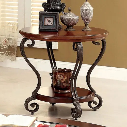 Traditional Brown Cherry End Table with Open Shelf and Ornate Scroll Legs