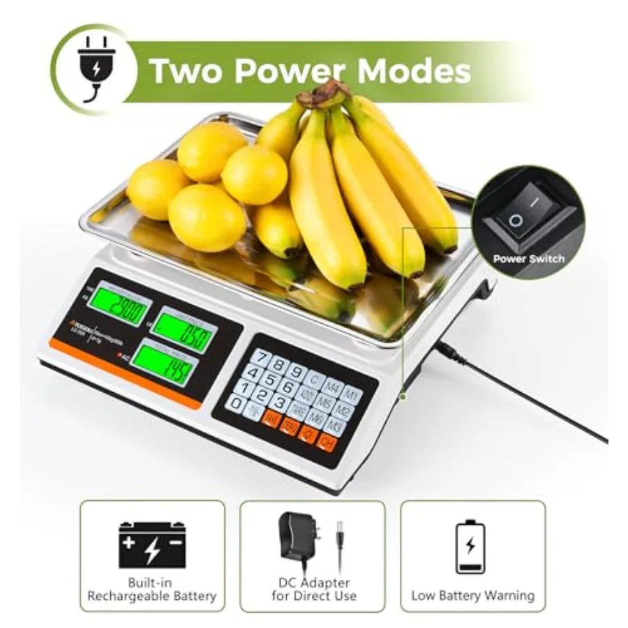 Commercial food kitchen scale for produce, farmers, markets, meat: 88lb/40kg price computing scale with dual-sided display, pre