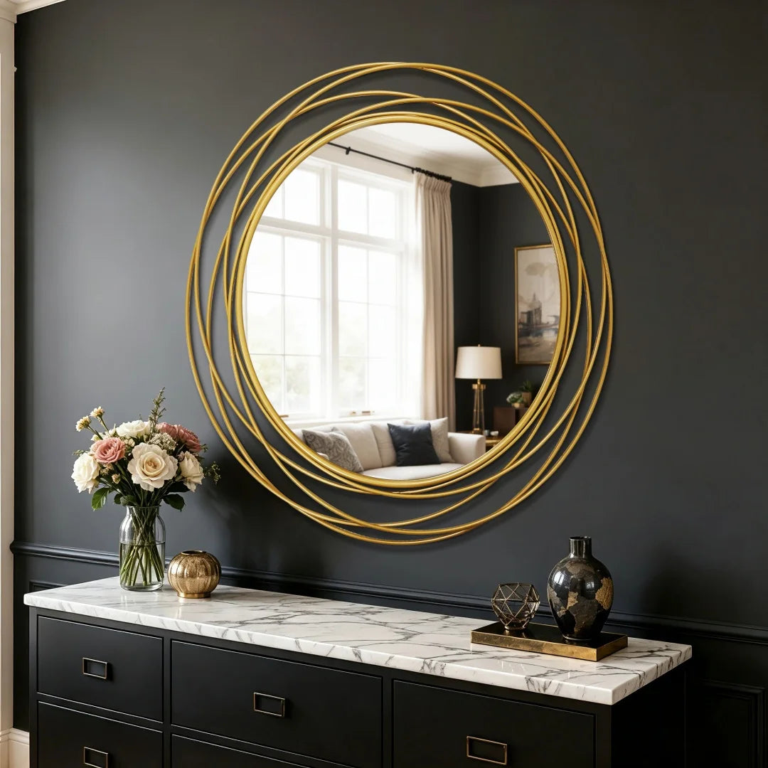 32 Inch Round Black Iron Wire Frame Decorative Wall Mirror for Living Room