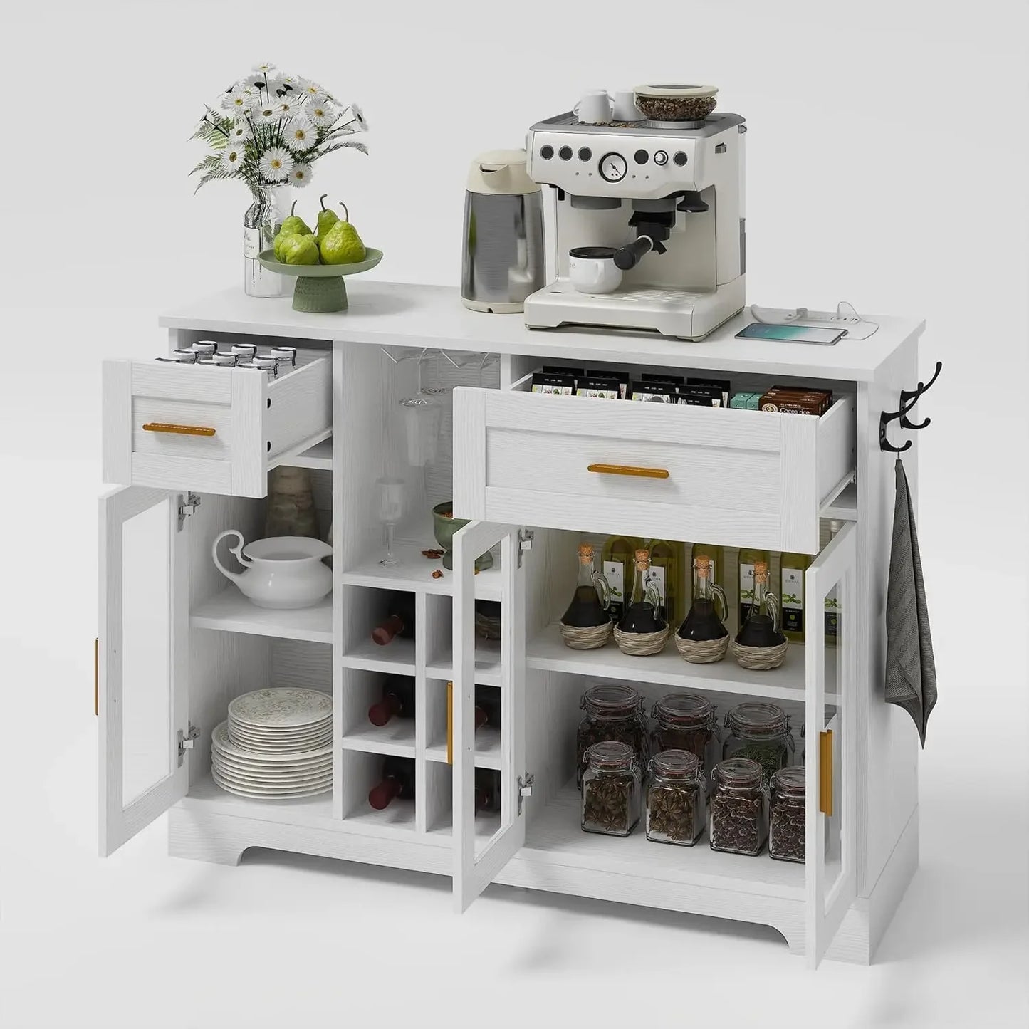 [Flash Sale, Clearance!]Sideboard Buffet Cabinet with Storage Bar Cabinet with Wine Racks Glass Doors Built-in Power Outlet Mode