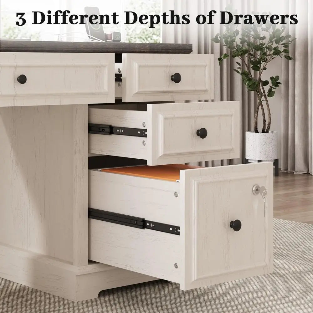59 Modern Executive Desk with Drawers, Lockable File Cabinet, Storage, and Power Outlet for Home Office (White)