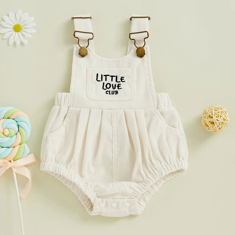 Infant Boys Girls Sleeveless Round Neck Letter Embroidery Rompers with Pleated Detailing - Cute Overalls for Babies