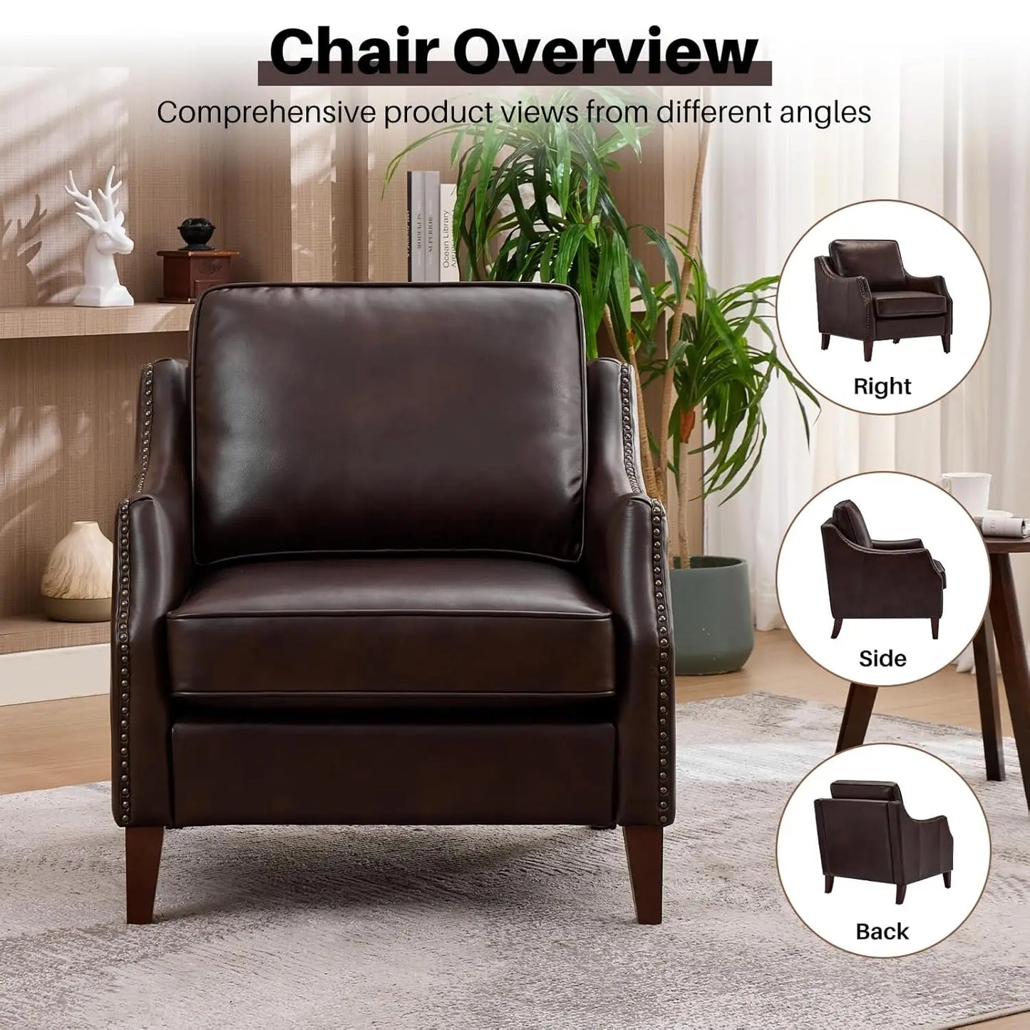 33.5" Faux Leather Armchair Set of 2 Nailhead Trim Solid Wood Legs Comfy Cushions Livingroom Bedroom, Customized