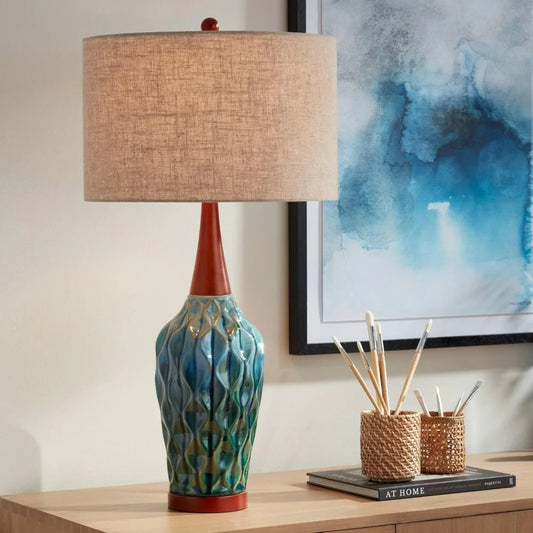360 Lighting Rocco Mid Century Modern Table Lamp 30" Tall Ceramic Blue Teal Glaze Wood Handmade Linen Drum Shade Decor for Livin