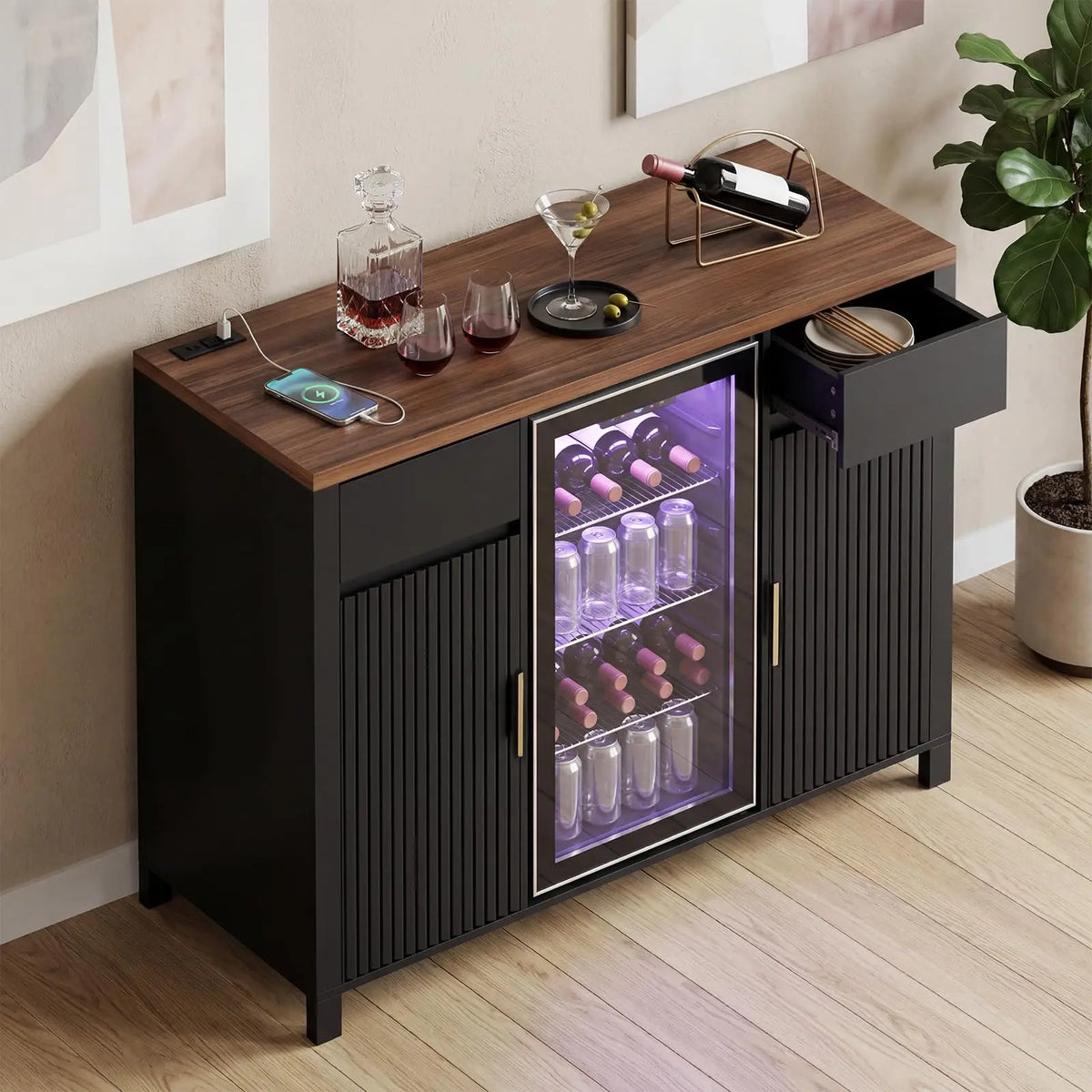53'' Fluted Coffee Bar Cabinet With Mini Fridge Space, Charging Station, Wine Rack Storage Buffet Sideboard For Dining Room