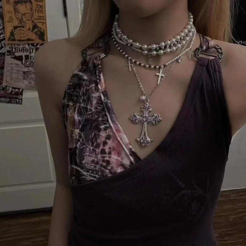 Multi layered necklace with stainless steel punk style hip-hop collarbone chain for couples to wear as holiday gift