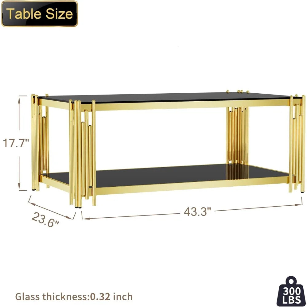 Luxury Rectangular Tempered Glass Coffee Table with Gold Stainless Steel Legs for Modern Living Rooms