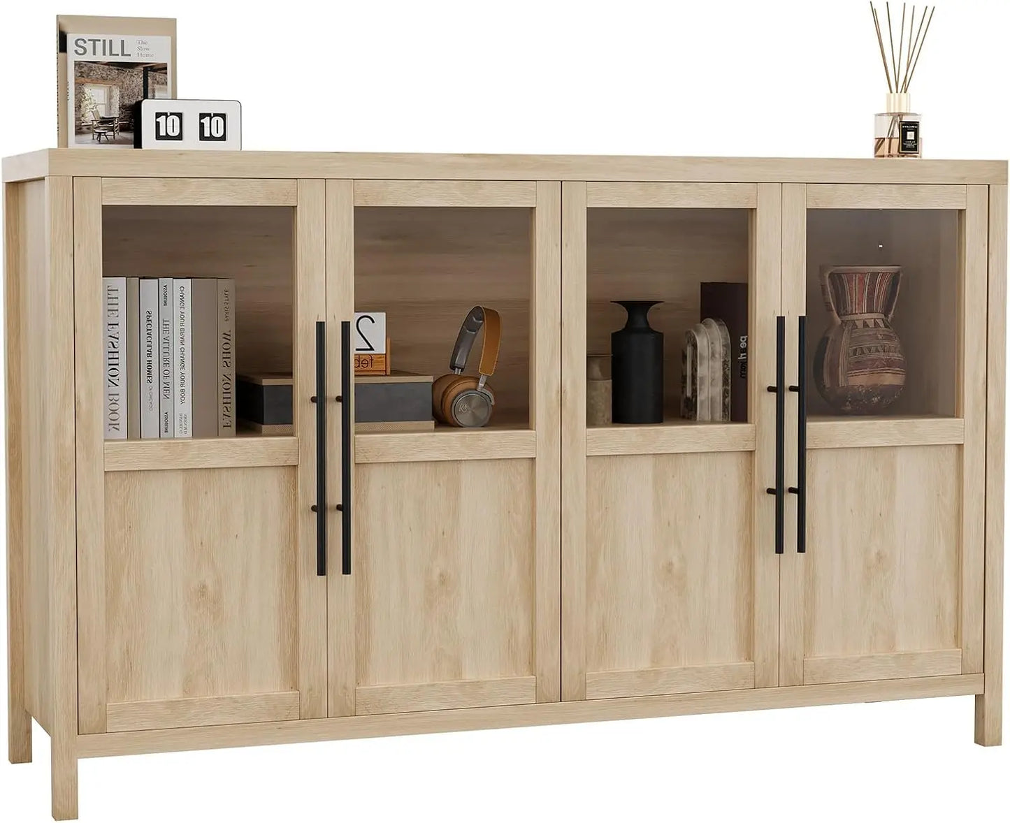 Sideboard Buffet Cabinet with 4 Glass Doors, 55" Large Buffet Cabinet with Storage, Modern Farmhouse Storage Cabinet