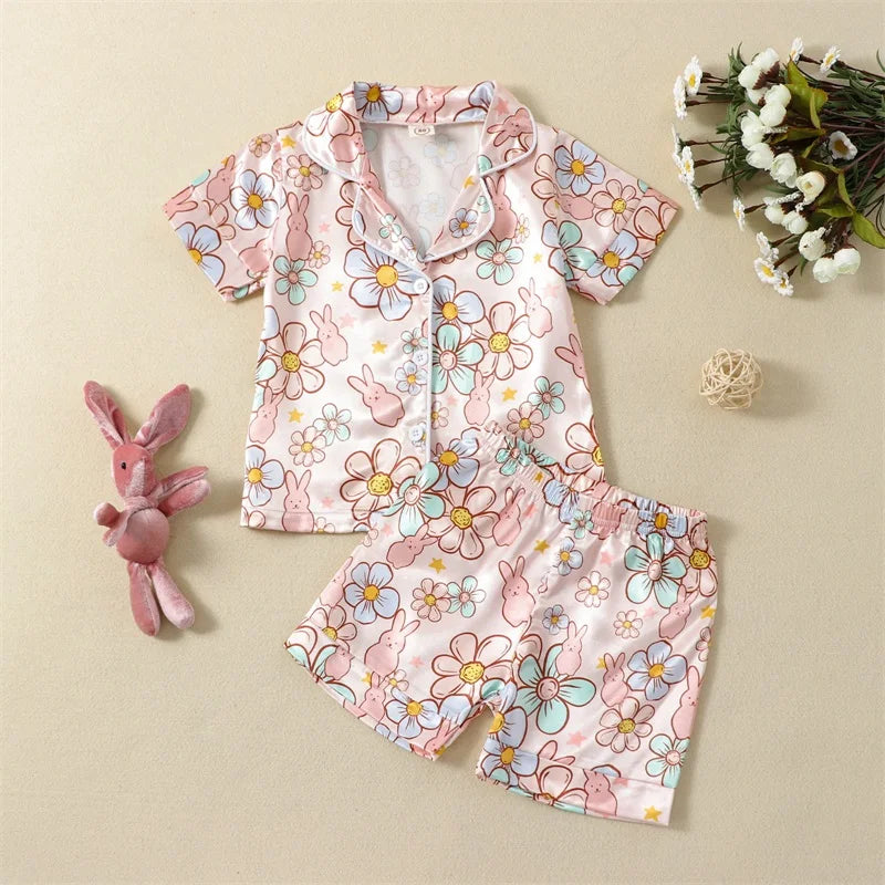 2Pcs Boys Easter Pajamas Set Long Sleeve Striped Print Button Down Shirts and Pants Set Loungewear for Kids