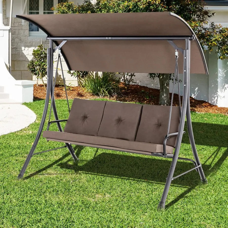 3 Person Porch Swing Outdoor Swing with Removable Cushions Solid Steel Structure Patio Swing with Adjustable Canopy for Garden
