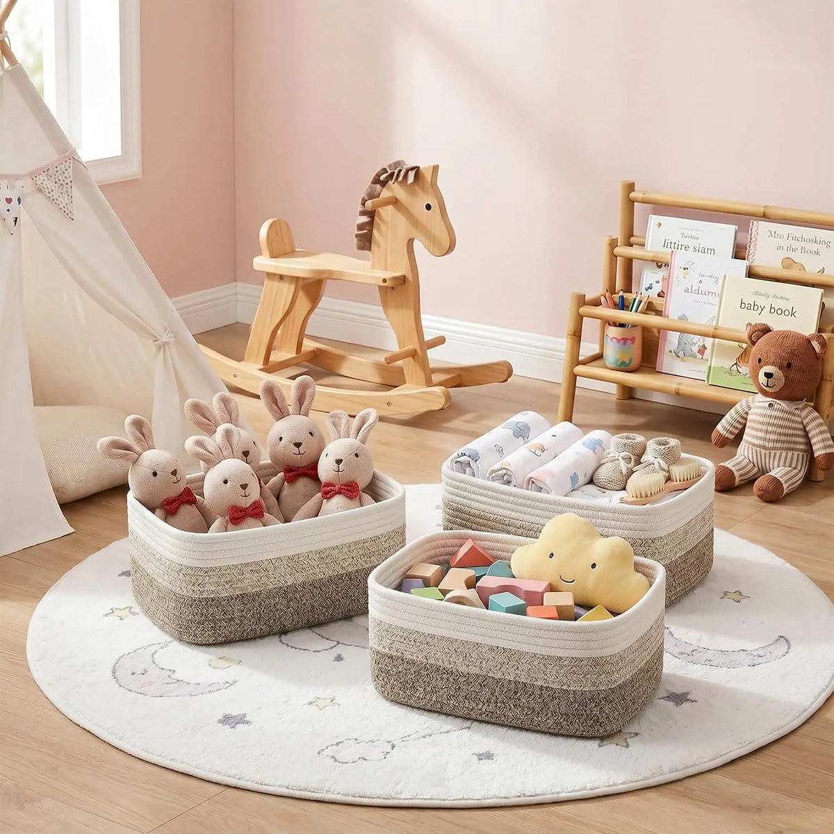 oft Cotton Rope Woven Storage Baskets Set - 3 Pack Rectangular Shelf Bins 11.8 x 7.5 x 4.7 in - No Handles, Closet Bathroom Nursery Toy Makeup Shelves & Tabletop Organizer