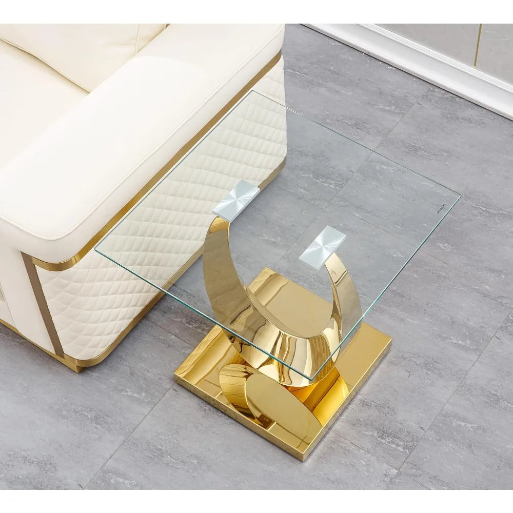 1 Piece Living Room End Table Luxury Glass Side Table, Modern Gold End Table with Half Moon-Shape Stainless Steel Pedestal