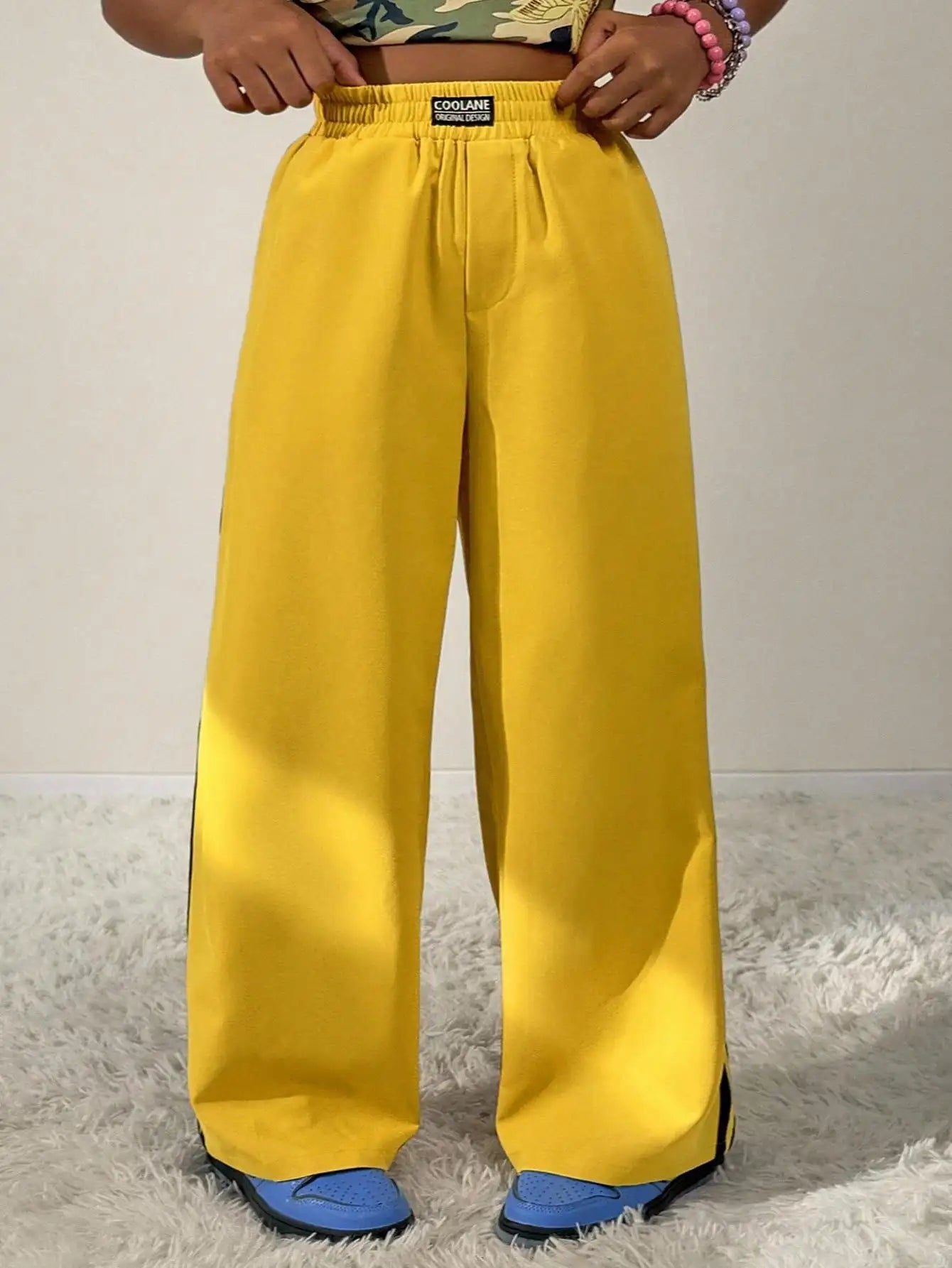 Kids Girls Bright Yellow Loose Fit Straight Leg Pants with Side Stripes, Camo Crop Top Set
