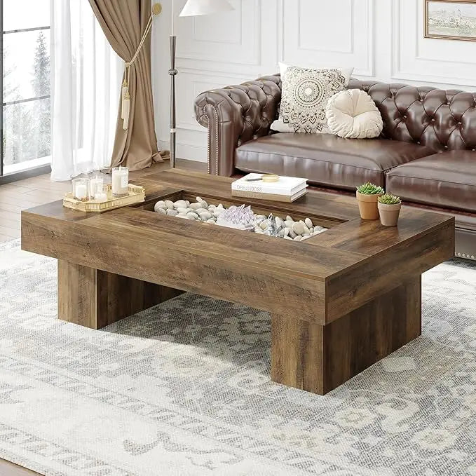 Rustic Large Wood Coffee Table with Storage LED Light Modern Farmhouse Low Wide Rectangle for Living Room Office 47 Inch