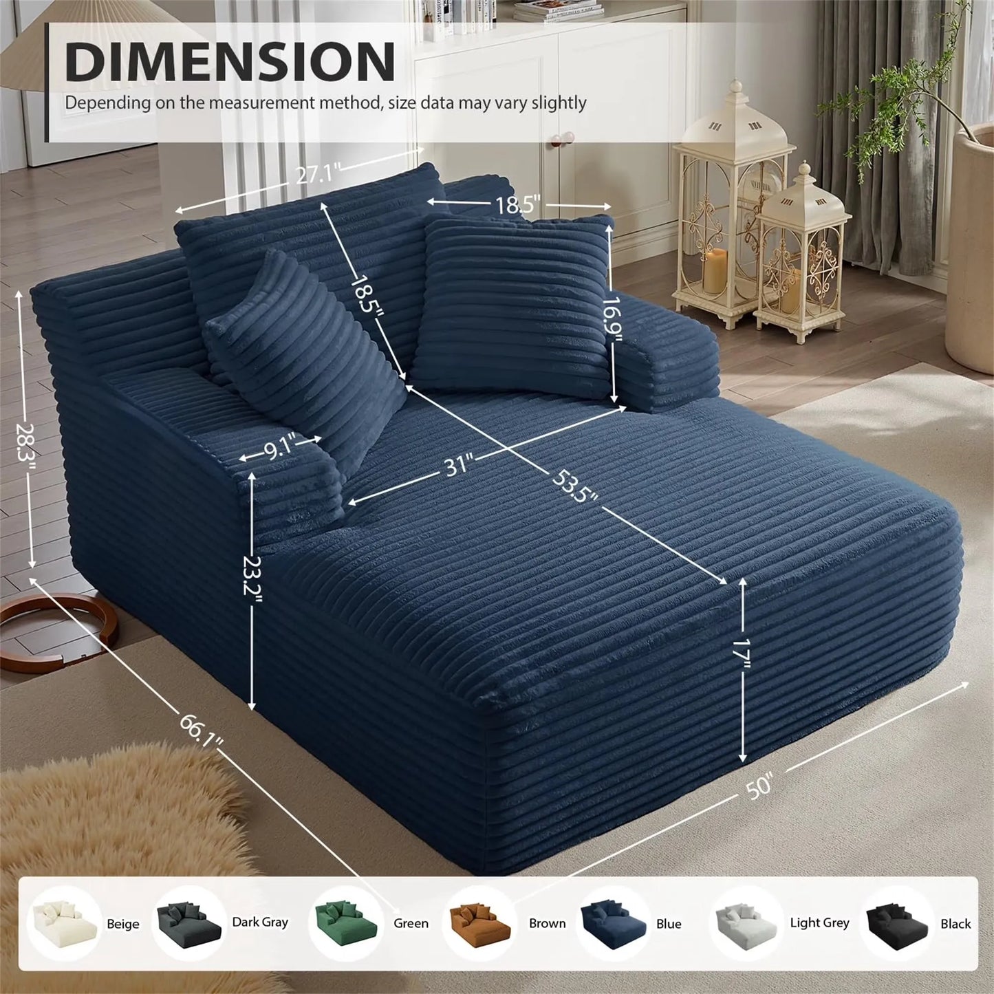 66" Oversized Chaise Lounge Chair Corduroy Oversized Boneless Couch Sofa Bed Reading Chair Sleeper Chaise with 3 Pillows, Blue