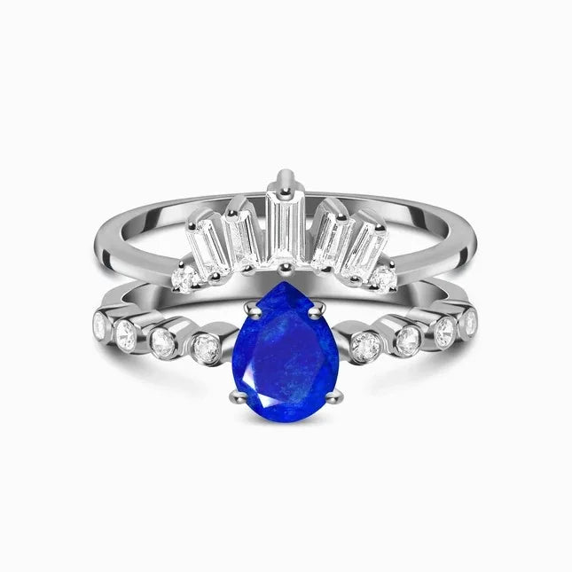 Silver Water Drop Sapphire Micro Zircon Double Ring Niche Design about Light Luxury Exquisite Jewelry