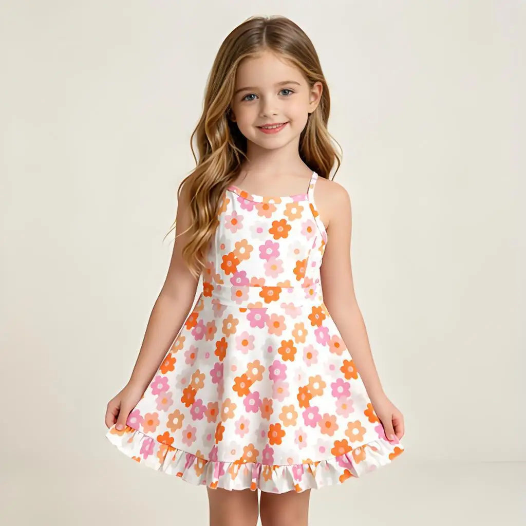 Girls Floral Printed Casual Dress Soft Sleeveless Dress for Kids