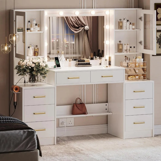58.3" Makeup Vanity Desk with Charging Station,  Dressing Table with Mirror & Lights, 3 Lighting Modes Adjustable Brightness,