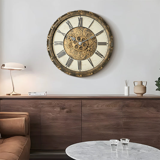 TIMESS Vintage Gear Wall Clock Industrial Decorative Silent Wall Clock World Map Roman Numeral Large Wall Clock 15 Inch 18 Inch