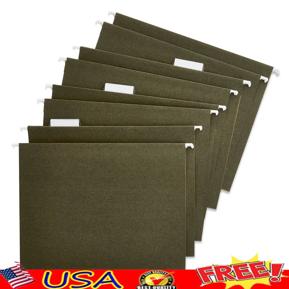 Standard Green Hanging File Folders Letter Size 1/5 Cut Tabs Inserts Box of 25 Durable Organizers Home Office Filing