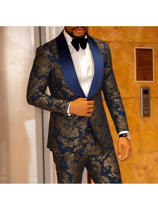Mens Suit Jacquard Silm Fit 2-Piece Shawl Lapel Tuxedo Wedding Party Prom Suit Set
