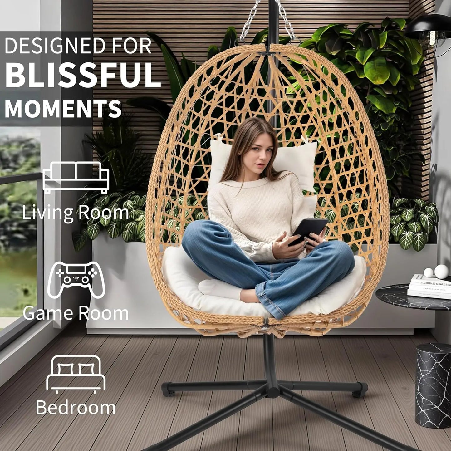Egg Chair with Stand, Patio Wicker Hanging Chair, Hammock Swing Chair, 350LBS Capacity for Bedroom, Balcony, Garden (YE-BE)