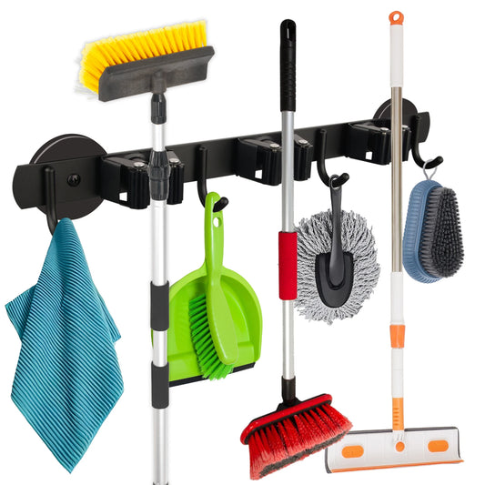 Magnetic Broom and Mop Holder Bar 3 Racks 4 Hooks for Laundry Garage Kitchen Factories Workshops Organization and Storage