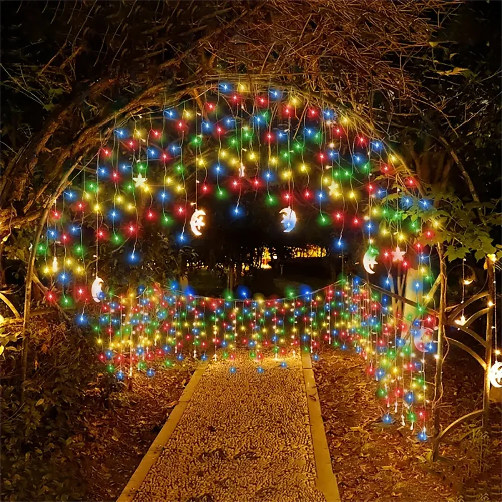 Solar Icicle Curtain Lights Outdoor Waterproof Eaves Light String  8 LIghting Modes 2025 Garden New Year Ramadan Decoration