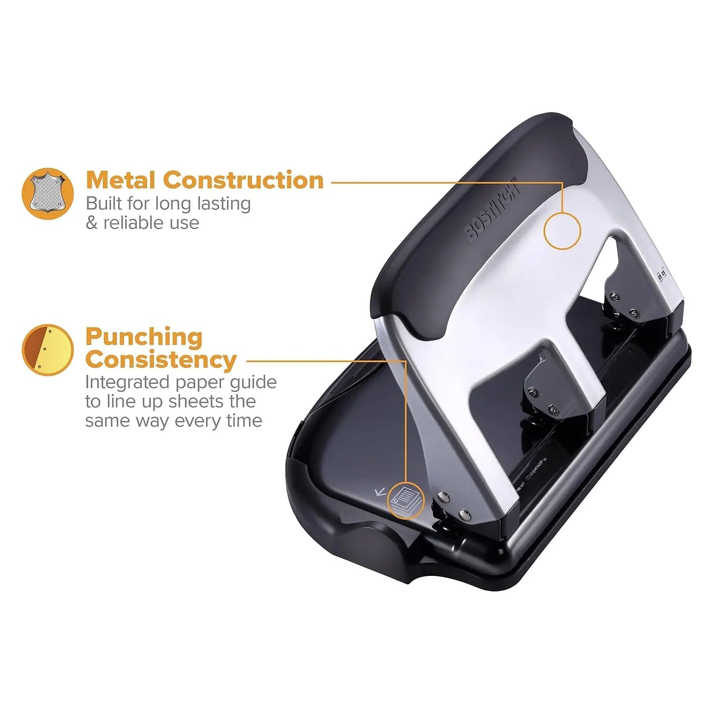 Heavy Duty 3-Hole Punch, 40-Sheet Capacity, One-Touch Reduced Force, Sleek Silver Design