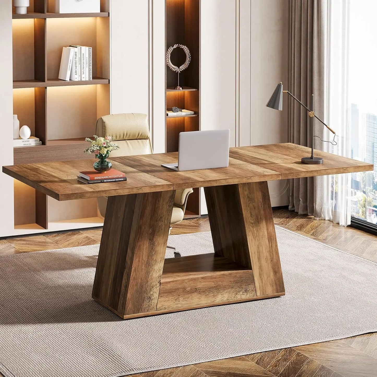Modern Computer Desk, 63-Inch Large Office Desk , Simple Style Executive Desk, Faux Marble Writing Desk for Home Office