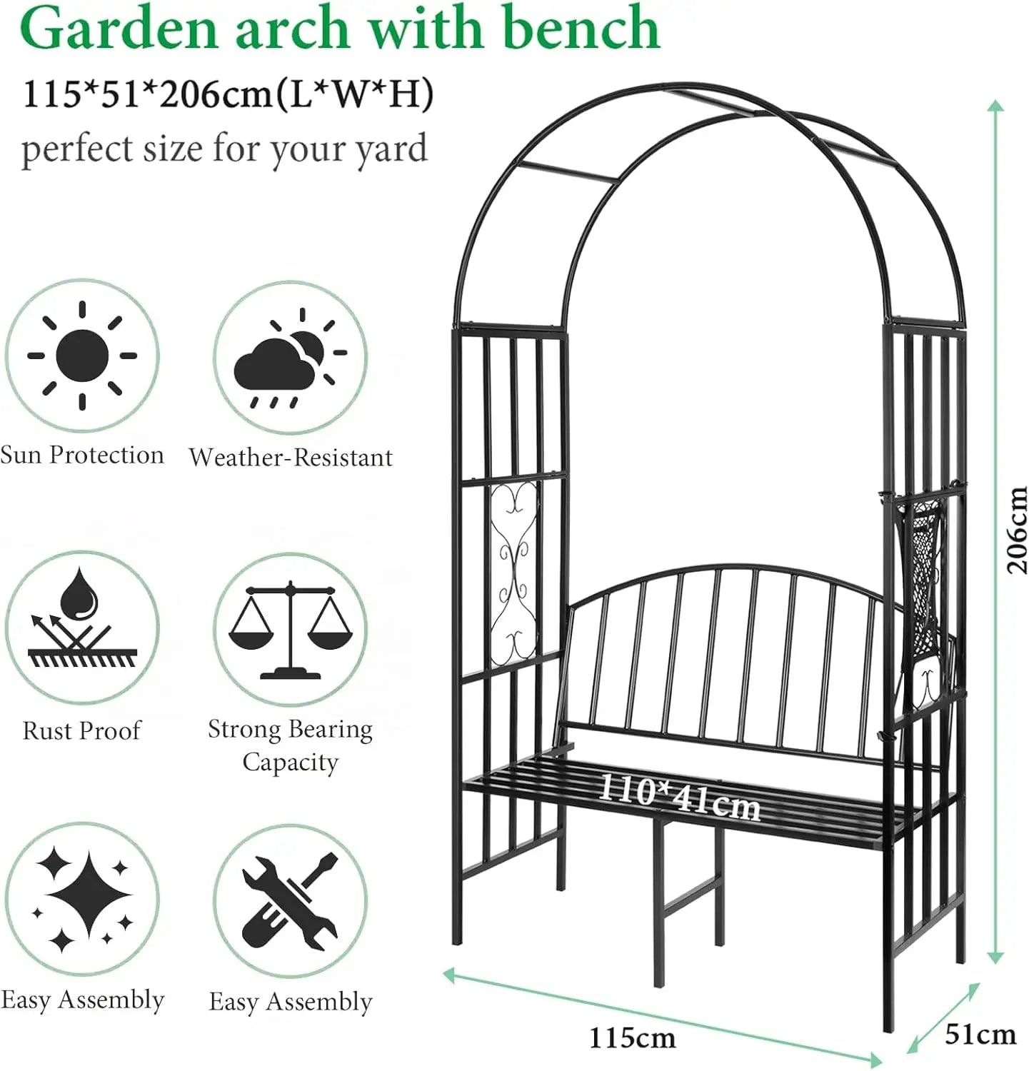 Garden Arch Heavy Duty (Holds 660lbs-250kg) | Metal Arbor Archway for Climbing Plant & Two People Seat Bench |Outdoor