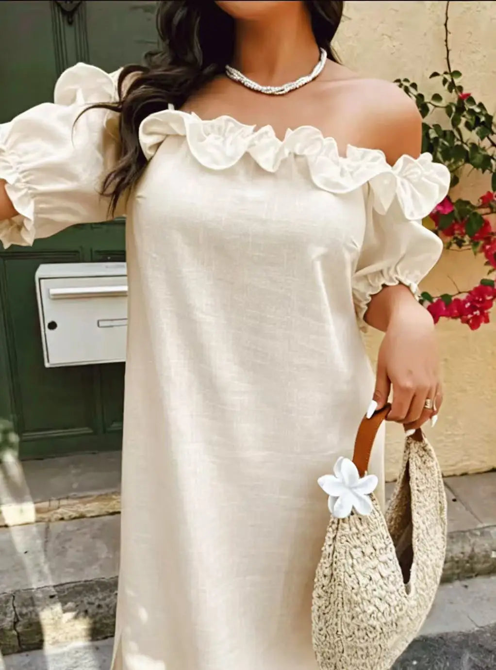 Plus Size Women's Slouchy Slimming Beach Vacation Dress, Off-Shoulder Puff Sleeve Loose Hem Slit Dress