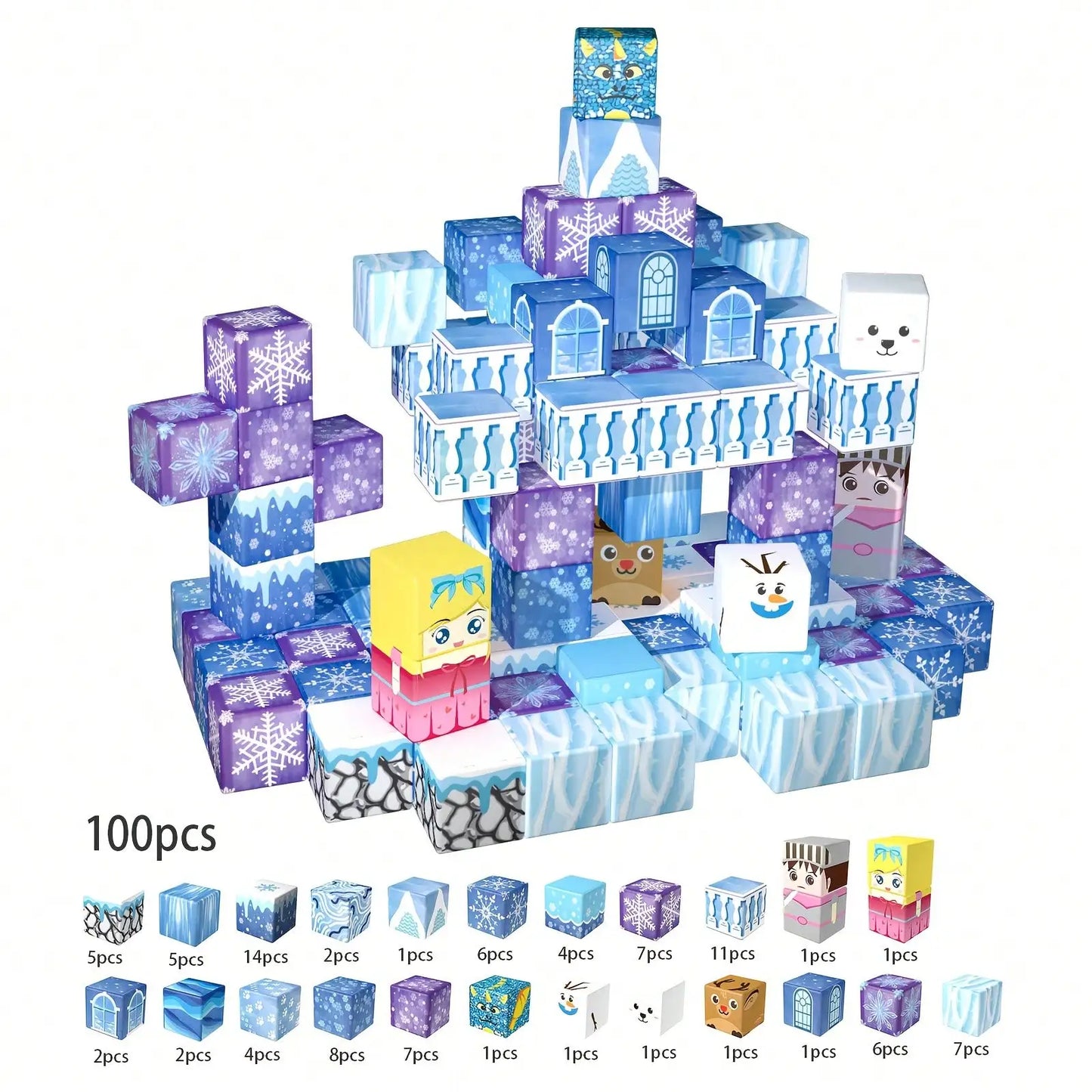 Magnetic Blocks - 100/64/48PCS Magnetic Blocks Build Ice Castle - Magnet Blocks Sets For Blue Princess Castle Build, Upgraded STEM Sensory Birthday Gift For Kids Age 3+ Years Old.